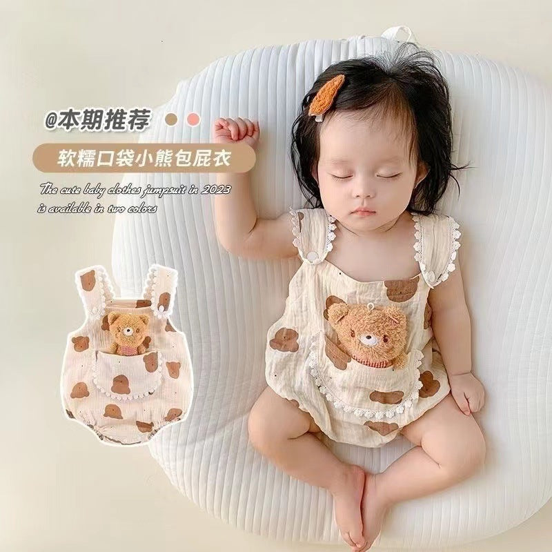 Newborn baby bag butt shirt baby girl short-sleeved khaki romper summer thin summer clothes wide shoulder cute outing romper