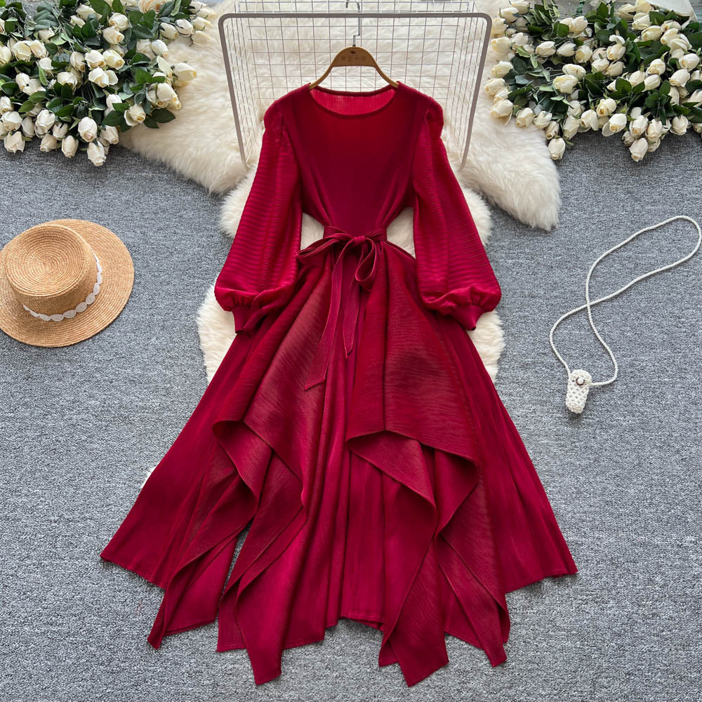 Miya pleated european and american dress women's  new arrivalsense of design asymmetrical strap waist pleated draped long skirt