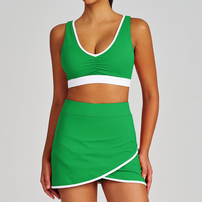 Color block ruched shockproof quick-dry shorts, fitness top, sports bra, underwear, yoga tennis skirt set for women