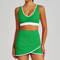 Color block ruched shockproof quick-dry shorts, fitness top, sports bra, underwear, yoga tennis skirt set for women
