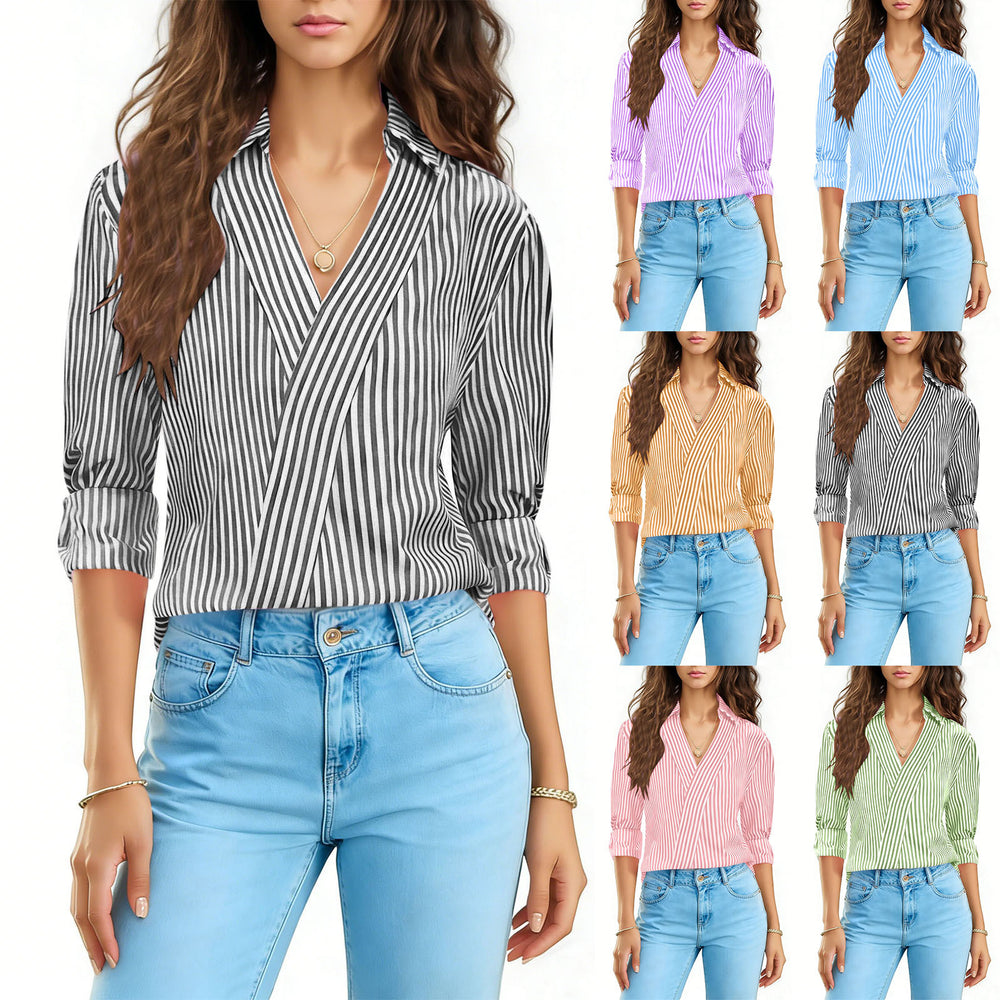 fashion cross-border new summer women's striped three-quarter sleeve v-neck blouse