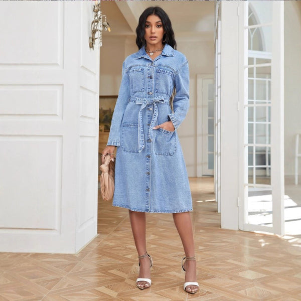 TC70054 #European and American   Women's Waist Buckle Long Sleeve Dress Denim Dress