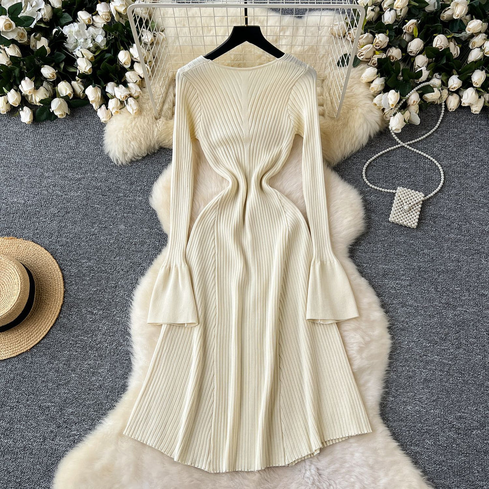 Elegant goddess style dressfall and winternew arrival with classy sense horn long sleeves waist bottomsweater skirt