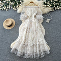 Sweet and lovely pink mesh dress for women, perfect for summer. features an off-the-shoulder design, puff sleeves, a high waist, and an a-line silhouette. an ethereal, fairy-tale style