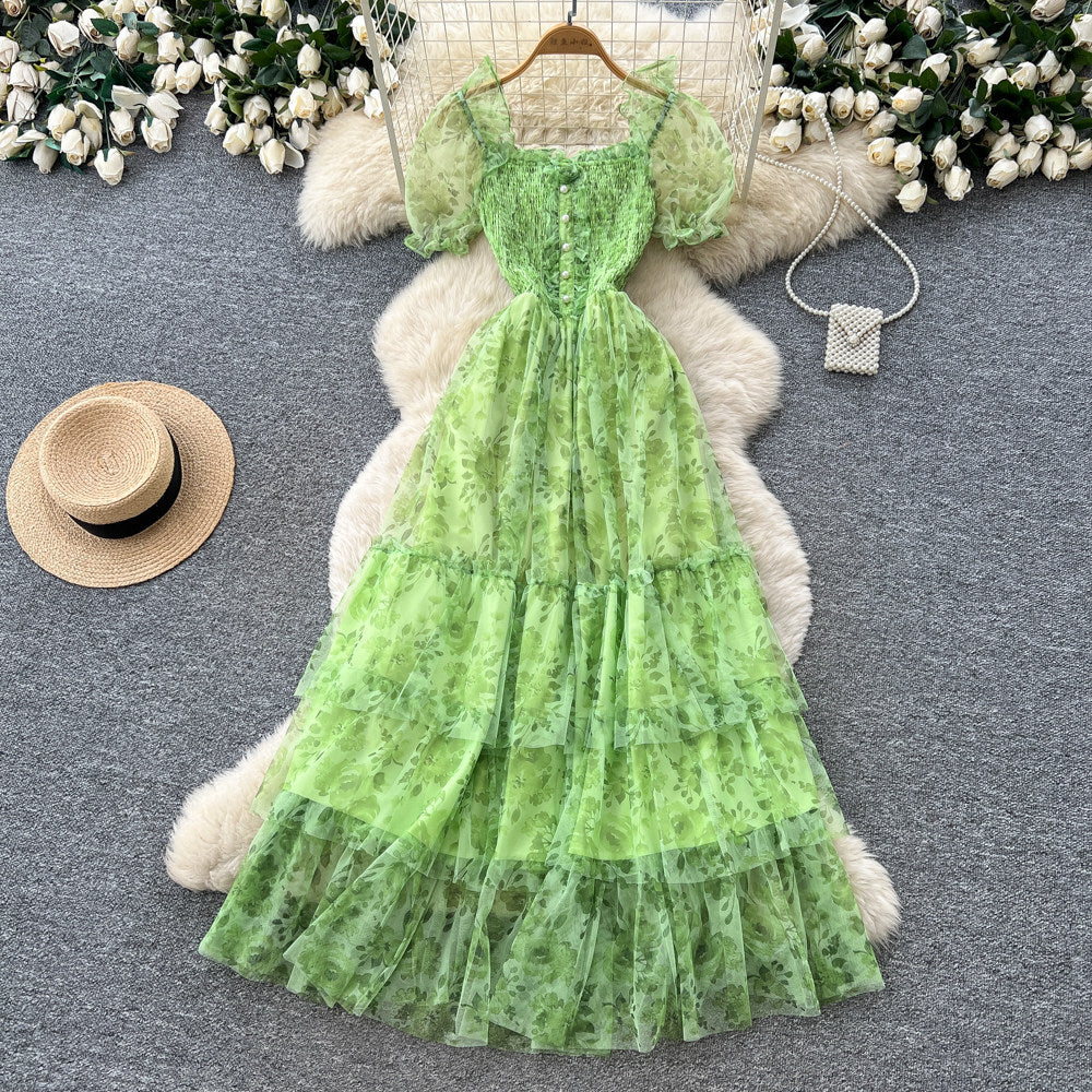 French gentle style puff sleeve floral dress women's summer k-style square collar high waist a-line elegant cake skirt slimming look