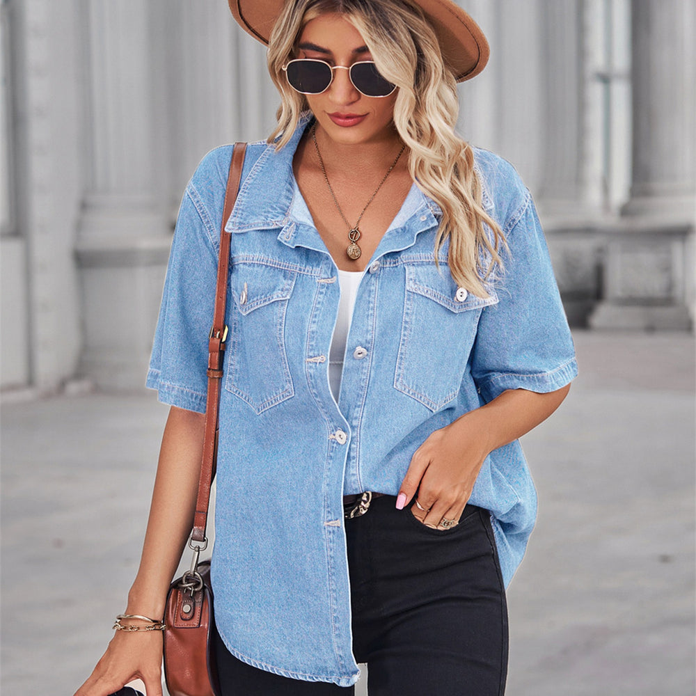 Ebay fashion cross-border foreign trade  new arrival washed thin denim shirt tops  short-sleeved cardigan for women