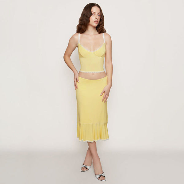 vacation women's clothing V-neck lace splicing suspender ruffle edge skirt set European and American simple two-piece set summer