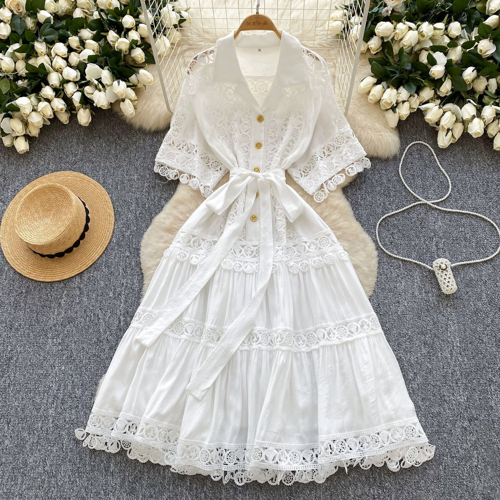 French court style hollow-out lace patchwork turn-down collar short sleeve dress - women's tie-waist elegant midi swing dress