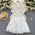 French court style hollow-out lace patchwork turn-down collar short sleeve dress - women's tie-waist elegant midi swing dress