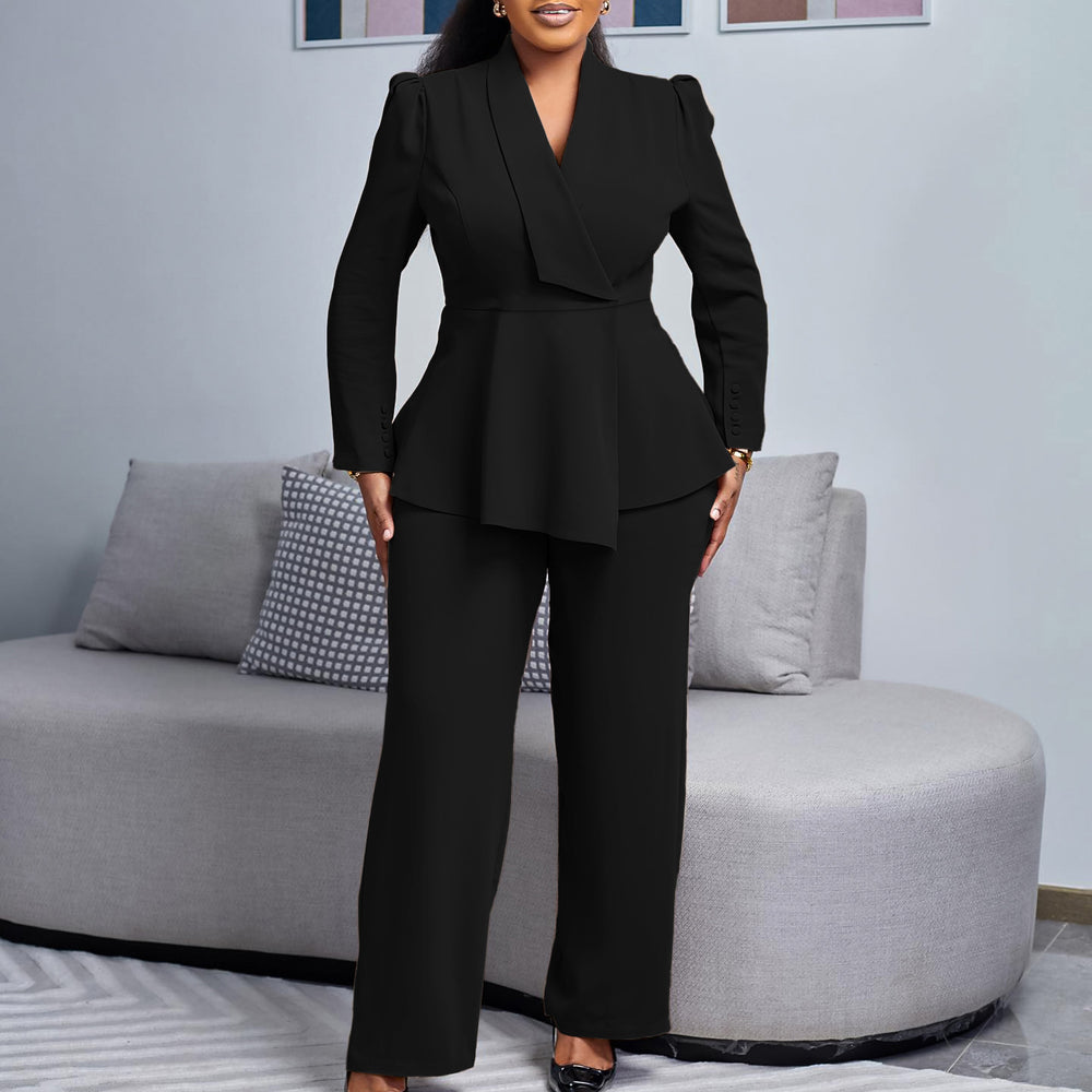 D549 european and american style women's winter new fashion elegant ol ruffle top wide leg pants fashion african outfit set