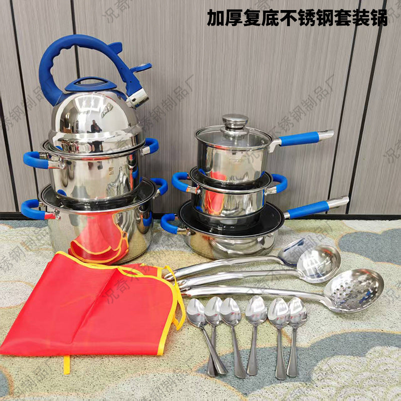 Export russian suit pot for home multi-bottom stainless steel 22-piece pot suit with silicone handle soup pot frying pan