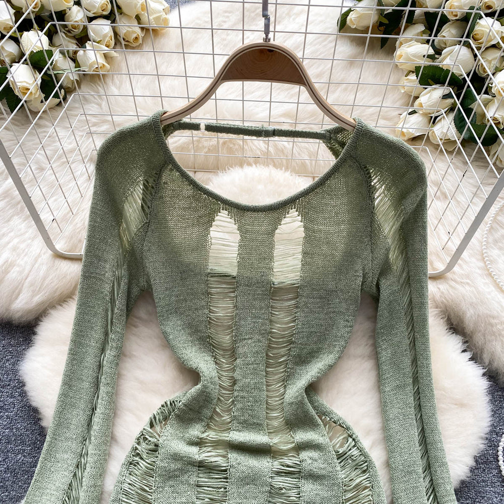 Summersexycut out thin long sleevesknittingshort skirtelegantsilmslimming lookpure desire hot girl backlessdress