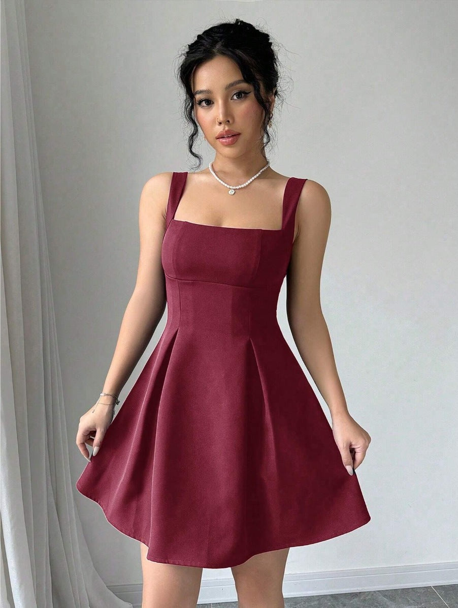 European and american cross-border   summer new fashion dress - elegant solid color spaghetti strap square neck mini dress for women
