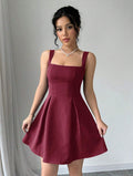 European and american cross-border   summer new fashion dress - elegant solid color spaghetti strap square neck mini dress for women