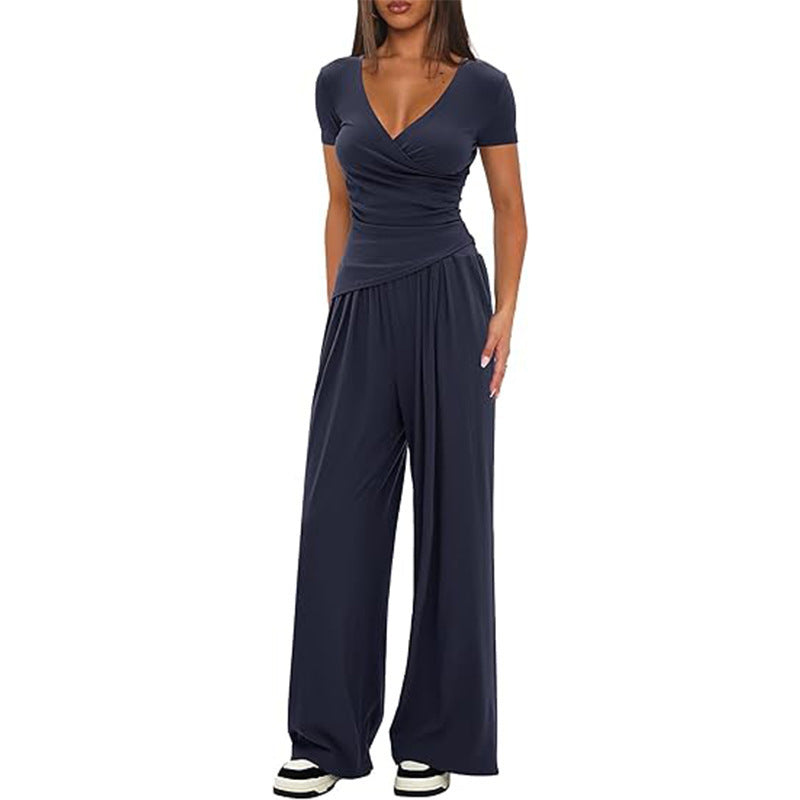 Amazon cross-border pure color 2-piece casualsuit warp knitted v neck short-sleeved loose pantscasualmatching sports suit
