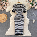 Lightly mature royal sister style round neck silm pleated stripesdresseleganceelegant goddess style classy sense hip-covering long skirt