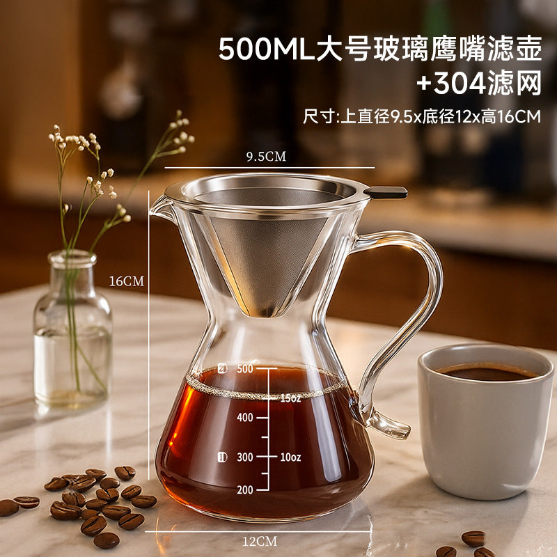 Glass pour-over coffee maker with stainless steel filter, drip coffee filter cup, sharing carafe, coffee maker set