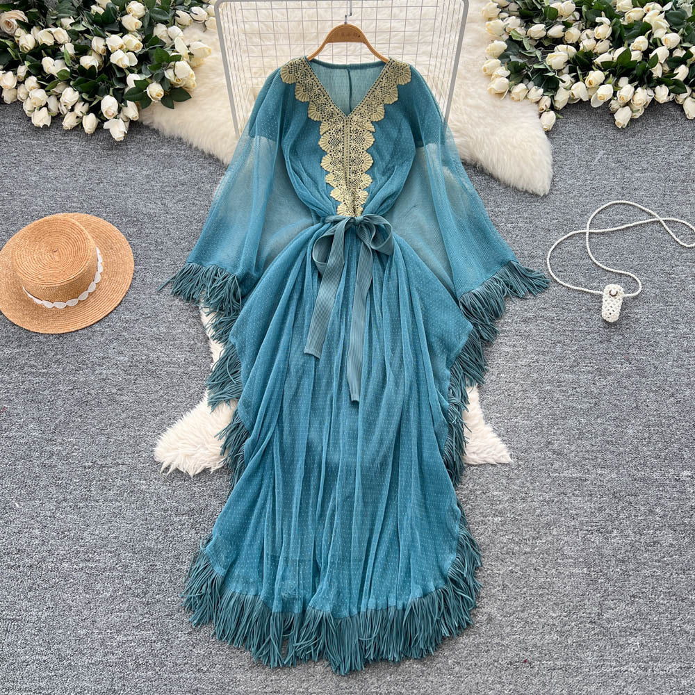 Fashionfashionableheavy industrylacepatchworkv neckbat sleeve strap waist dress women's vacation style tassel long skirt
