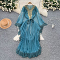 Fashionfashionableheavy industrylacepatchworkv neckbat sleeve strap waist dress women's vacation style tassel long skirt