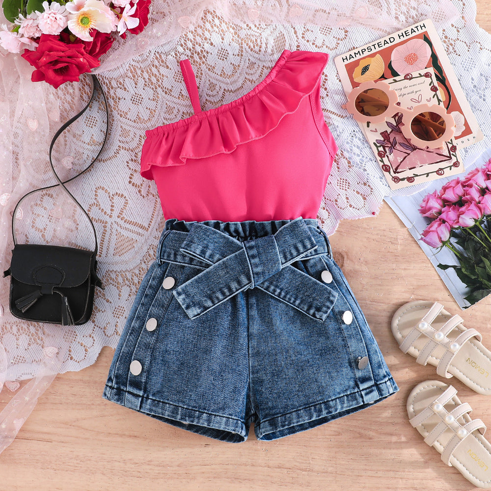 new cross-border fashion: european and american summer girls' one-shoulder cami top + denim butterfly shorts three-piece set