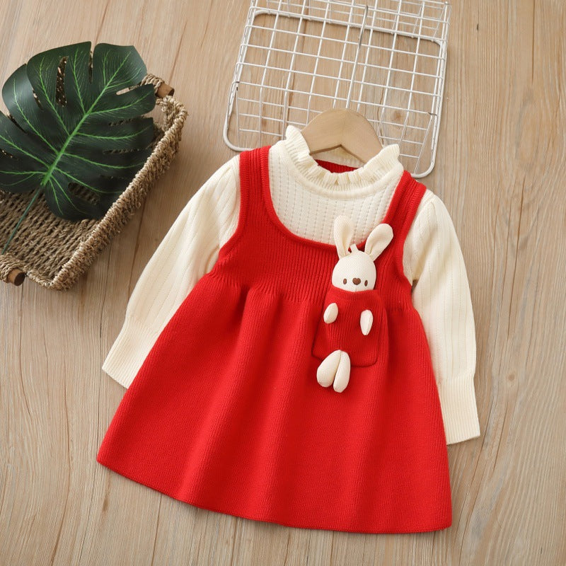 Girls' fleece-lined sweater dress -  autumn/winter new year's edition - bowknot christmas dress - children's wear - little girl's dress