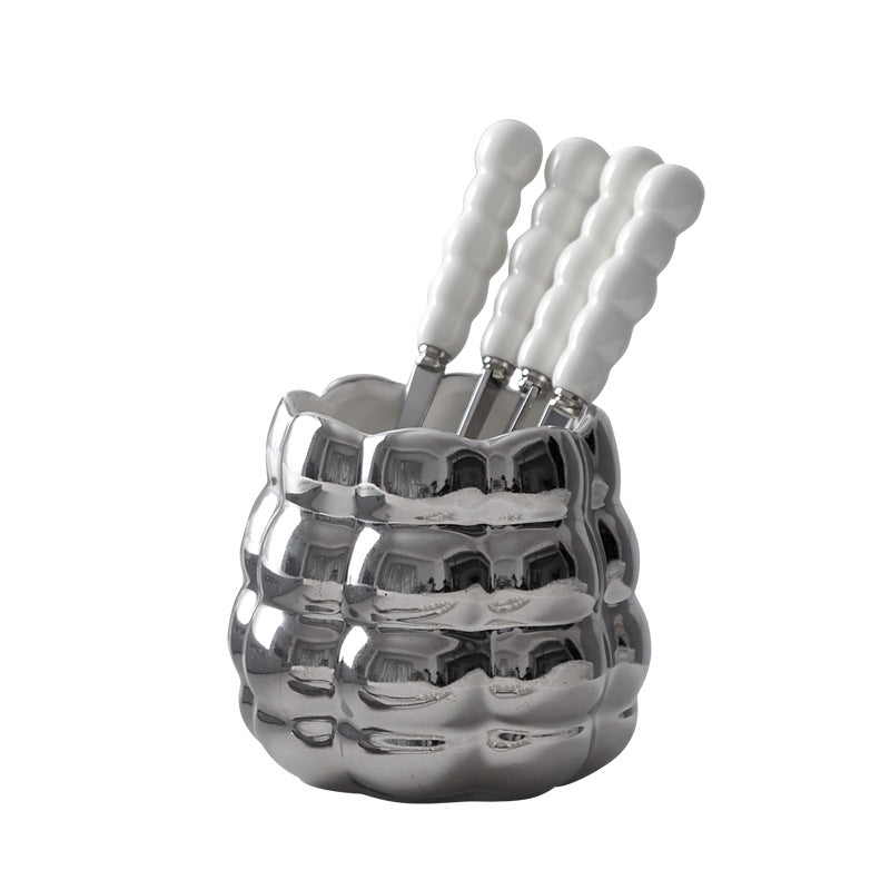 Luxury pearl fruit picks ceramic storage jar creative fork spoon home stainless steel fruit fork set wholesale