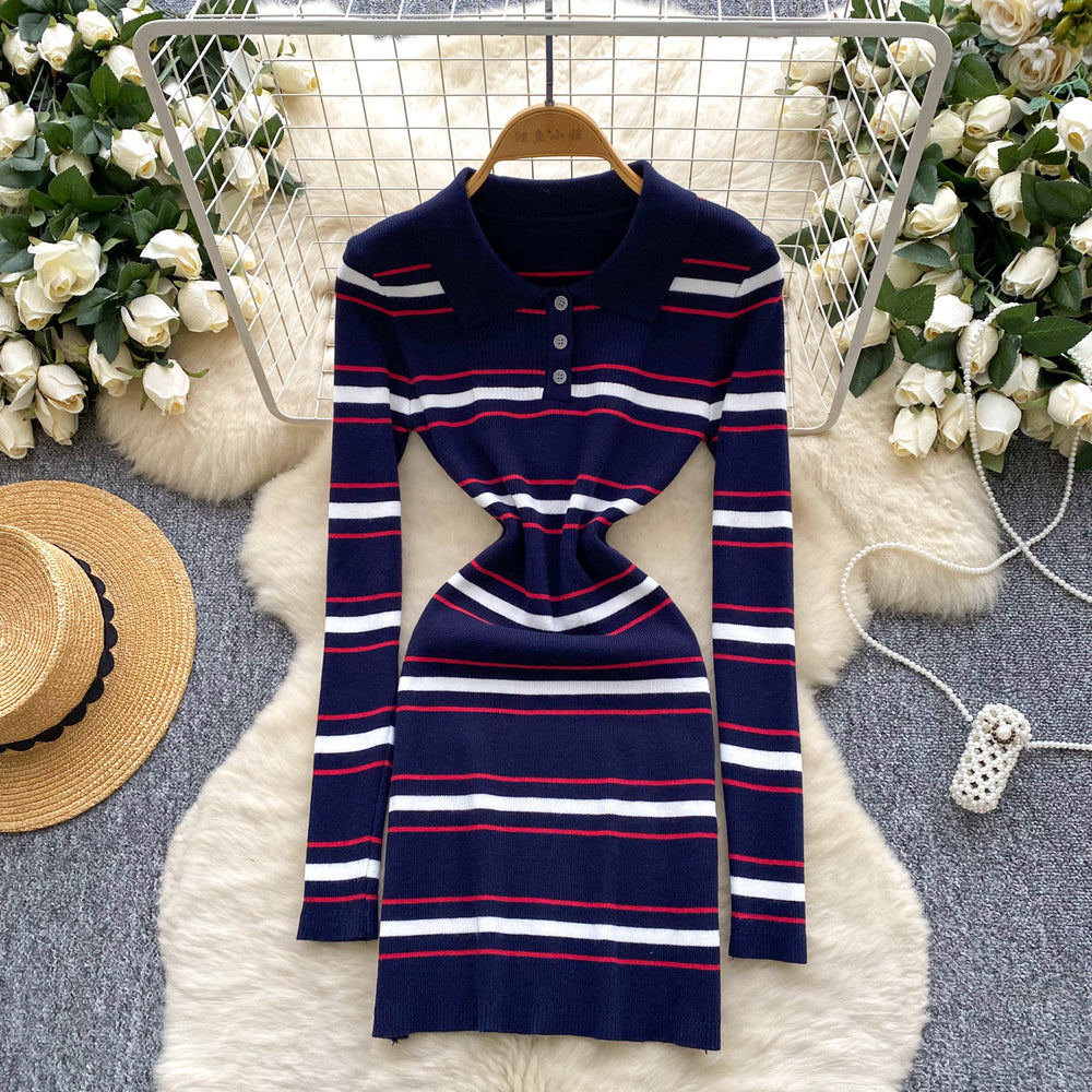 Autumn french retrofashionablecontrast colorstripesdress women's waist slimmingelegant lapel long sleevessweater skirt