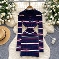 Autumn french retrofashionablecontrast colorstripesdress women's waist slimmingelegant lapel long sleevessweater skirt