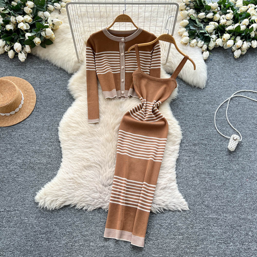 Autumn outfit set for women: high-end, fashionable color block striped knit cardigan with cinched waist cami bodycon dress