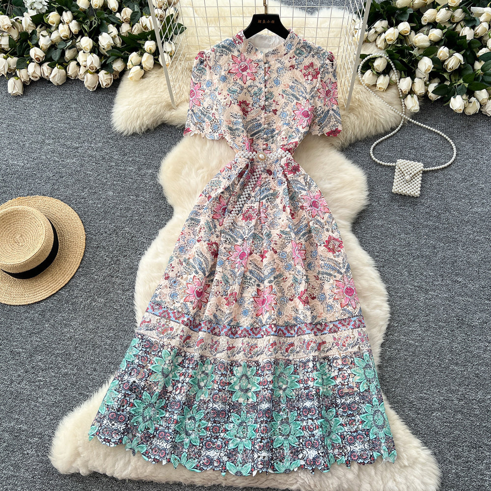 elegantdress women's high-end sense of strap waist half length sleeves cut out crochet laceprinting large swing long skirt