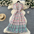 elegantdress women's high-end sense of strap waist half length sleeves cut out crochet laceprinting large swing long skirt