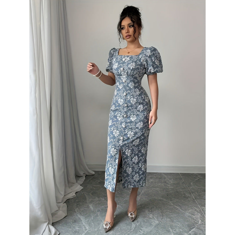 new cross-border listing:  women's original elegant square neck puff sleeve pearl button dress
