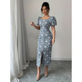 new cross-border listing:  women's original elegant square neck puff sleeve pearl button dress