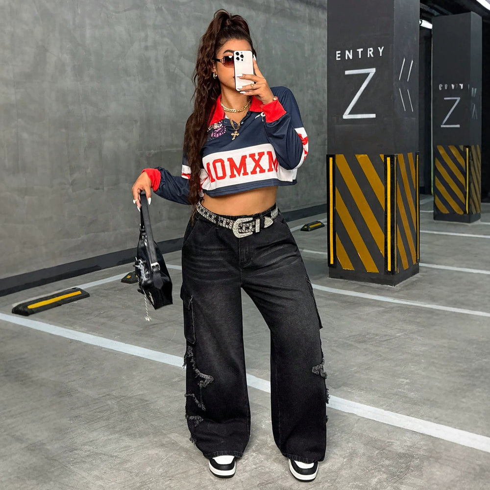 American retro distressed workwear loose jeans women's raw edge star patch multi-flap pocket pantshigh waistdraped floor length pants