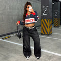 American retro distressed workwear loose jeans women's raw edge star patch multi-flap pocket pantshigh waistdraped floor length pants