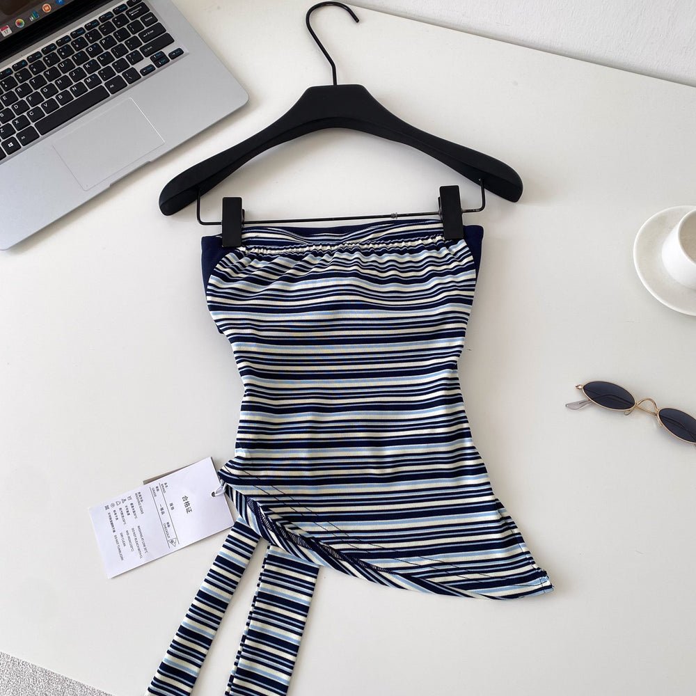 Sweet and spicy girl sexy style contrast colorstripestube top suspender women's summer silmtie back waist elegant vestoutwear
