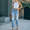 Amazon  hot selling women's jeans: european and american new style, chic commute, fashionable washed distressed straight-leg jeans