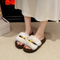Ethnic style beaded platform fuzzy slippers - women's autumn/winter comfortable non-slip suede thong sandals - lightweight fluffy slippers