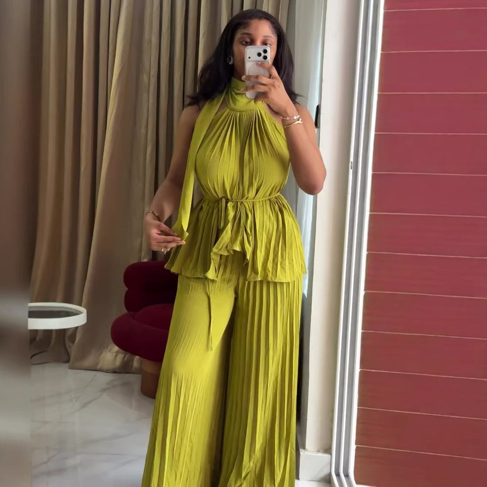 European and american cross-border women's fashion  summer new arrival: elegant halter neck tie-up pleated sleeveless top and wide-leg pants set