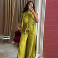 European and american cross-border women's fashion  summer new arrival: elegant halter neck tie-up pleated sleeveless top and wide-leg pants set