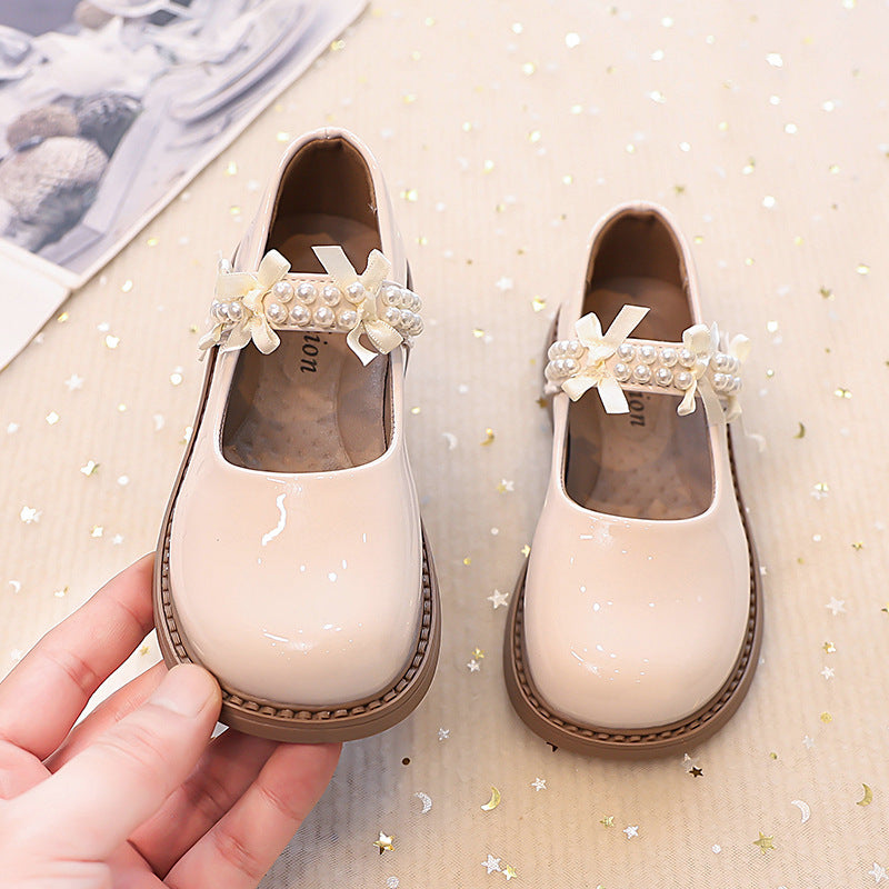 Vancahao kids' black single shoes -  autumn new collection - girls' fashion beaded bow patent leather princess shoes