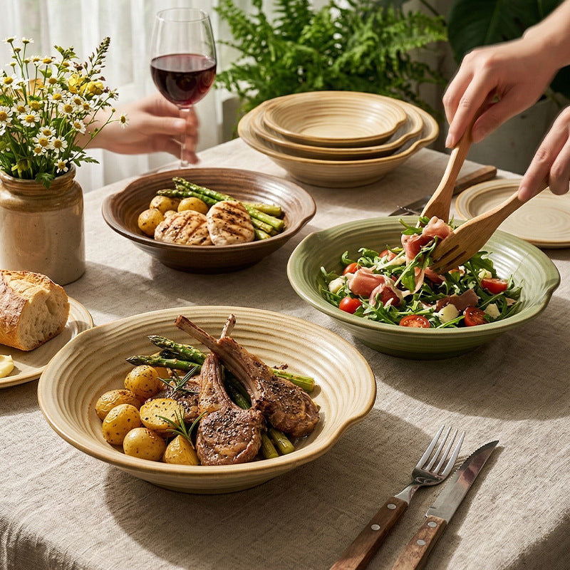 Japanese-style pasta plate, household salad plate, high-end restaurant ceramic tableware, retro straw hat bowl, light luxury western food plate