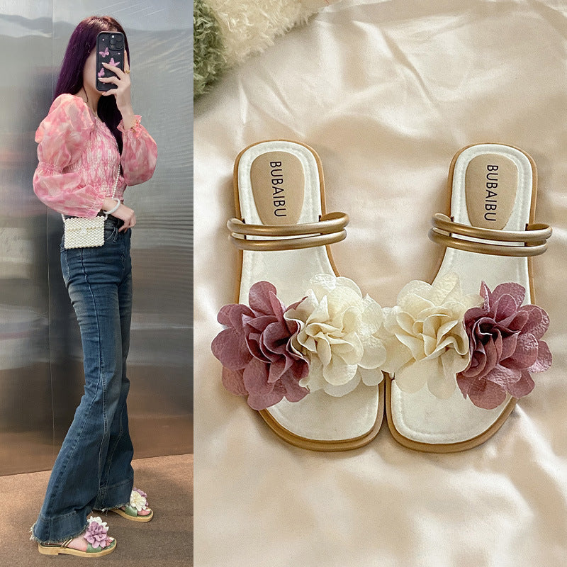 New summer fairy slippers women's summer outwear fashion two-color flower flats one-line sandals women's two-wear sandals