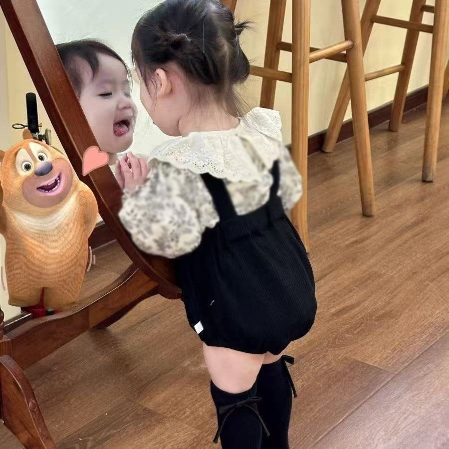 Autumn overalls set baby clothes korean style floral ruffle top romper two-piece outfit