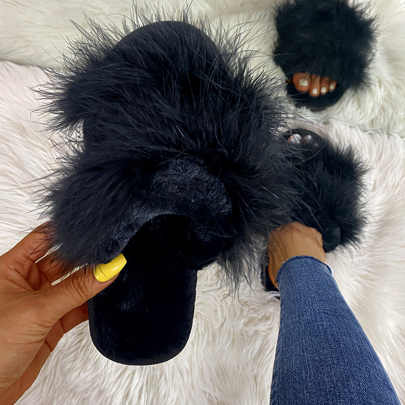 Turkey feather slippers for women outwearexport cotton slippers fashionfashion fur home flatscolorful fur slippers