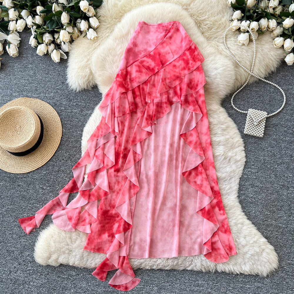 K-style tie-dye ruffles a-line skirt for women summerhigh waistslimming lookasymmetricalelegant mid-length skirtwork clothing