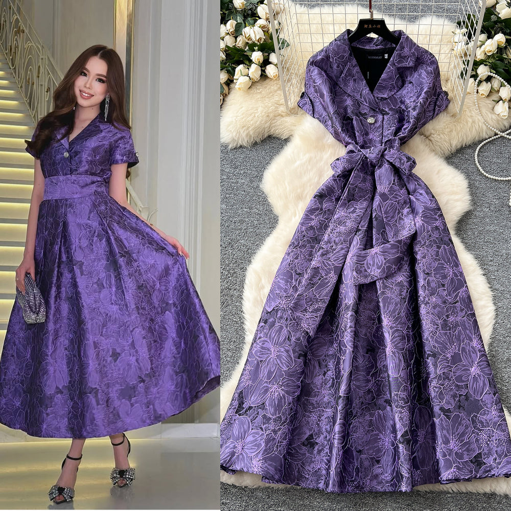 High-end exquisite women's formal dress - summer  collection: tie-waist, notch collar, short sleeve, jacquard, flowy maxi dress