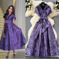 High-end exquisite women's formal dress - summer  collection: tie-waist, notch collar, short sleeve, jacquard, flowy maxi dress
