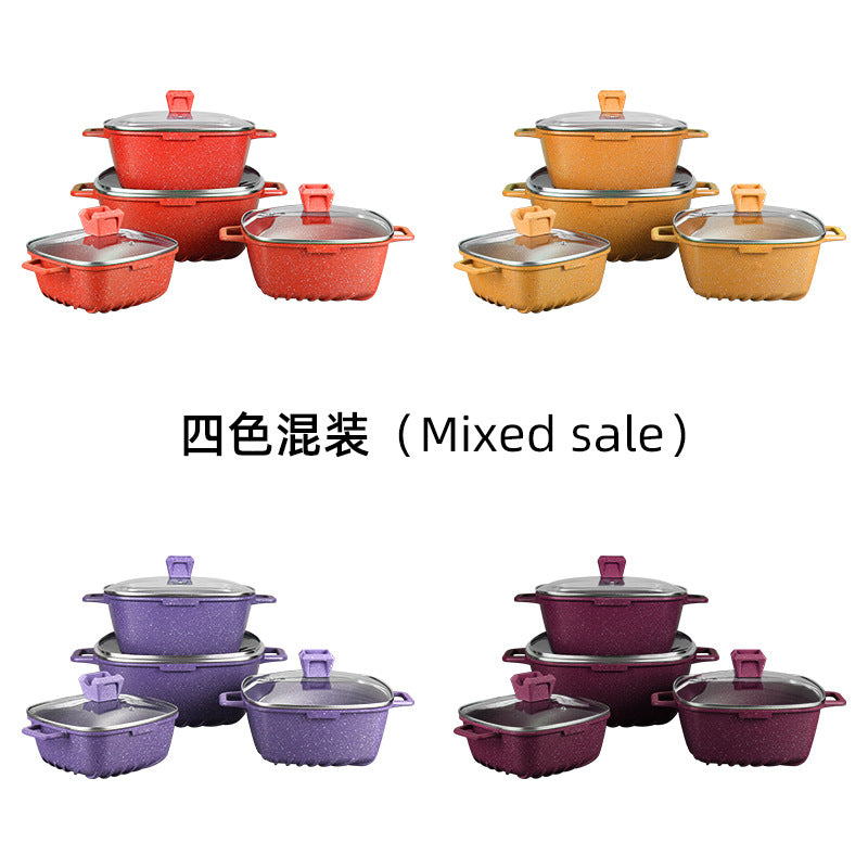 Oem personalized douyin popular square medical stone non-stick aluminum pot soup pot frying pan for home kitchen utensils wholesale pot