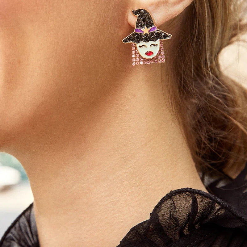 Halloween earrings wholesale fashion cross-border diamond-encrusted skull alloy jewelry pumpkin head witch earrings bat earrings